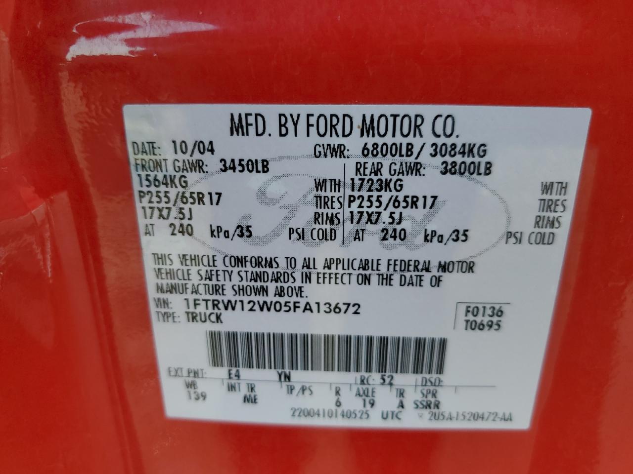 2005 Ford F150 Supercrew VIN: 1FTRW12W05FA13672 Lot: 66739035