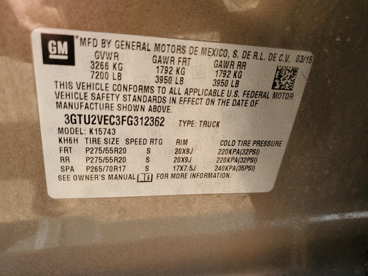 3gtu2vec3fg312362 3GTU2VEC3FG312362 2015 GMC Sierra K1500 Slt