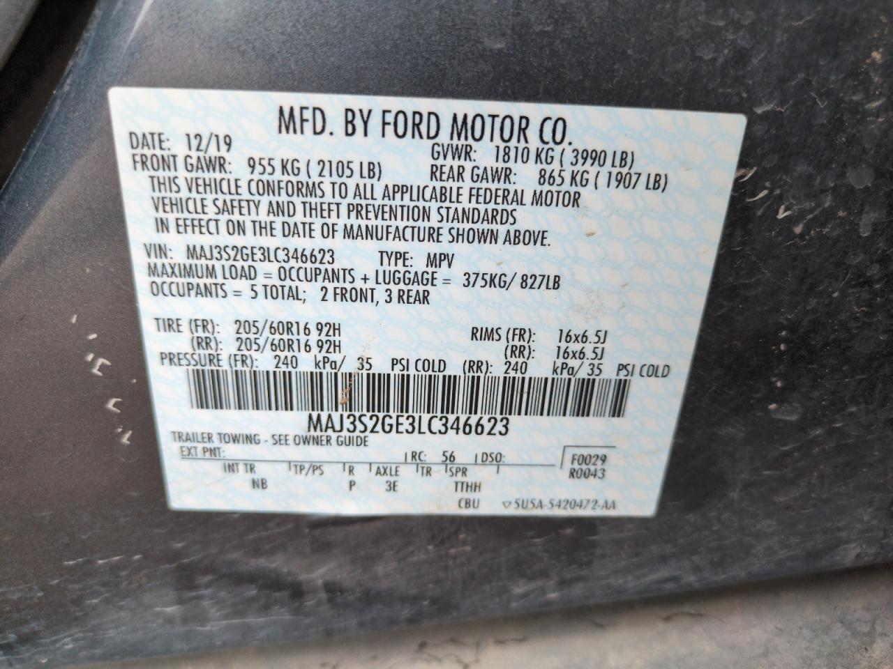 2020 Ford Ecosport Se VIN: MAJ3S2GE3LC346623 Lot: 65070355
