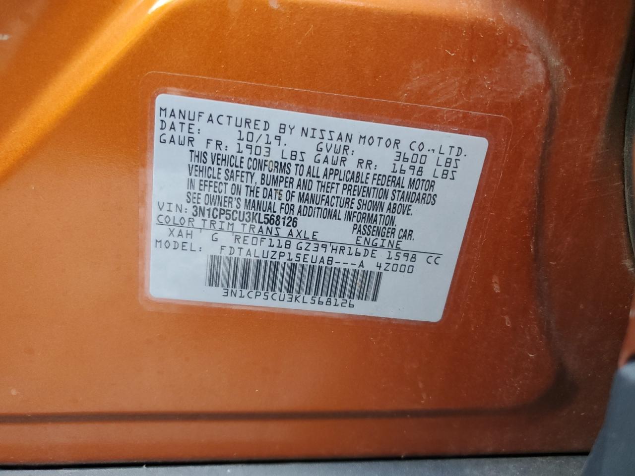 2019 Nissan Kicks S VIN: 3N1CP5CU3KL568126 Lot: 63823345