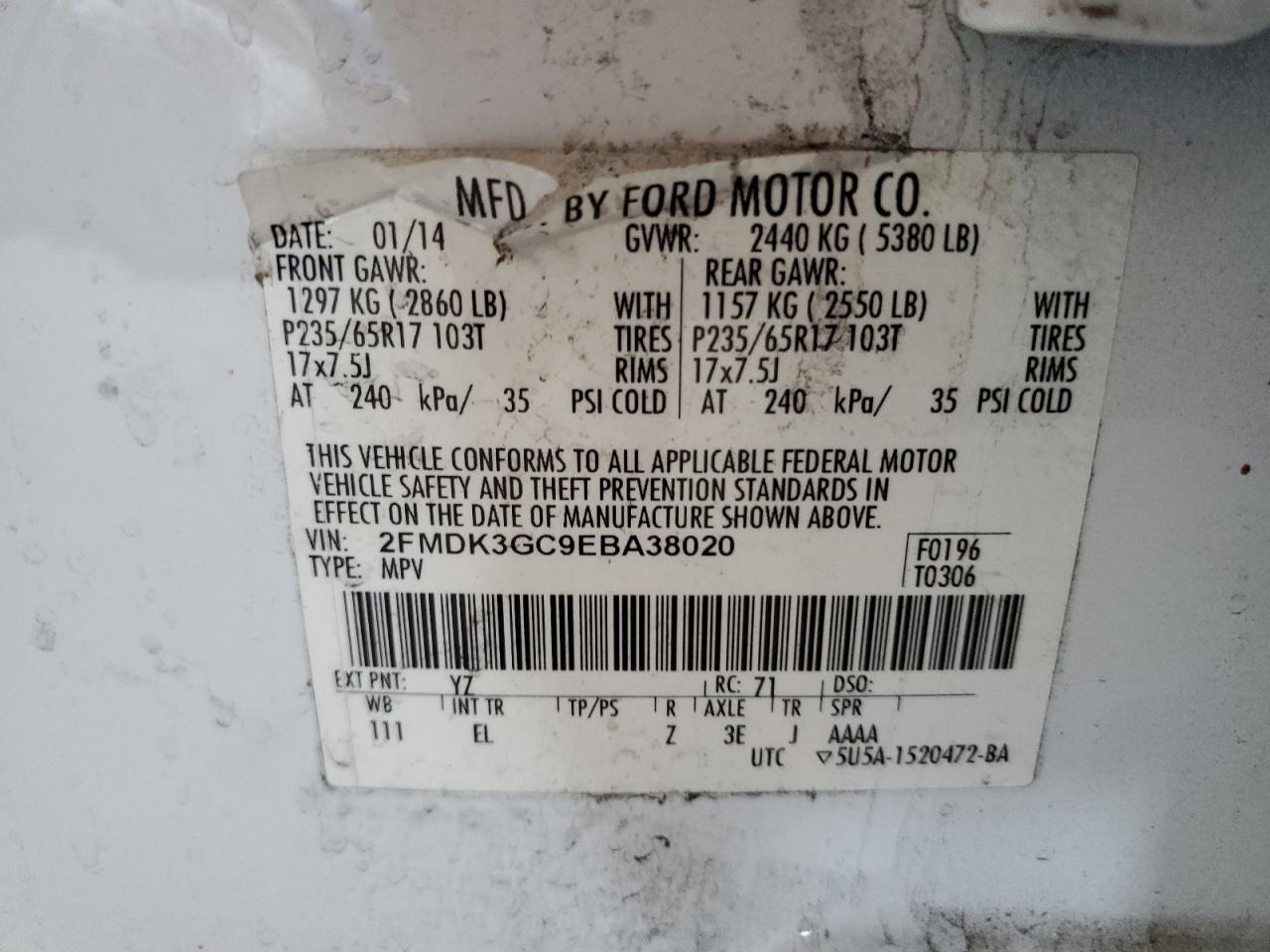 2014 Ford Edge Se VIN: 2FMDK3GC9EBA38020 Lot: 65460145