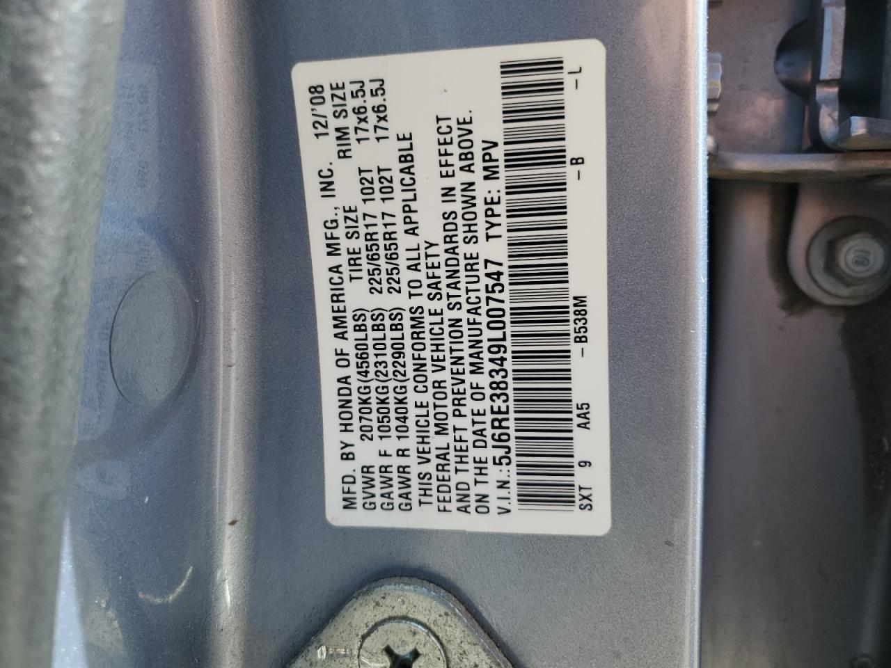 2009 Honda Cr-V Lx VIN: 5J6RE38349L007547 Lot: 64684555