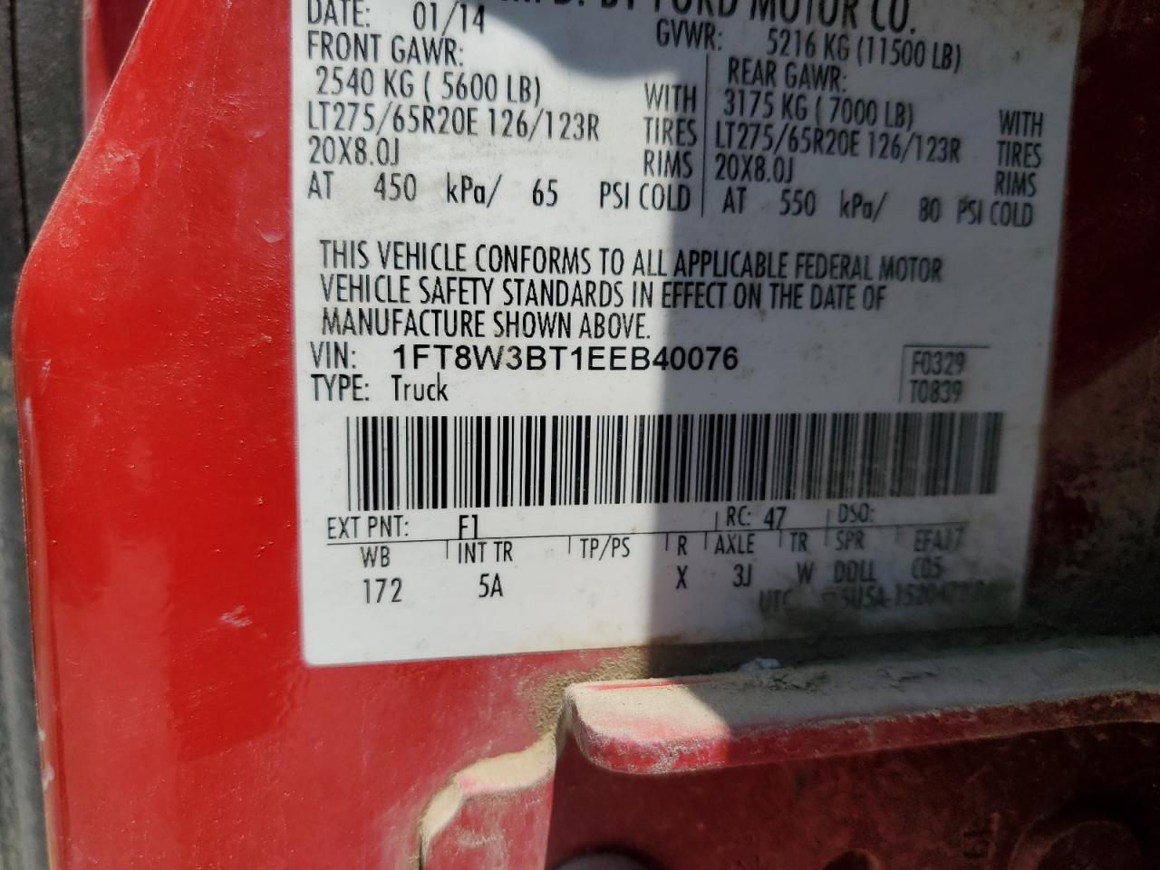 2014 Ford F350 Super Duty VIN: 1FT8W3BT1EEB40076 Lot: 64298375