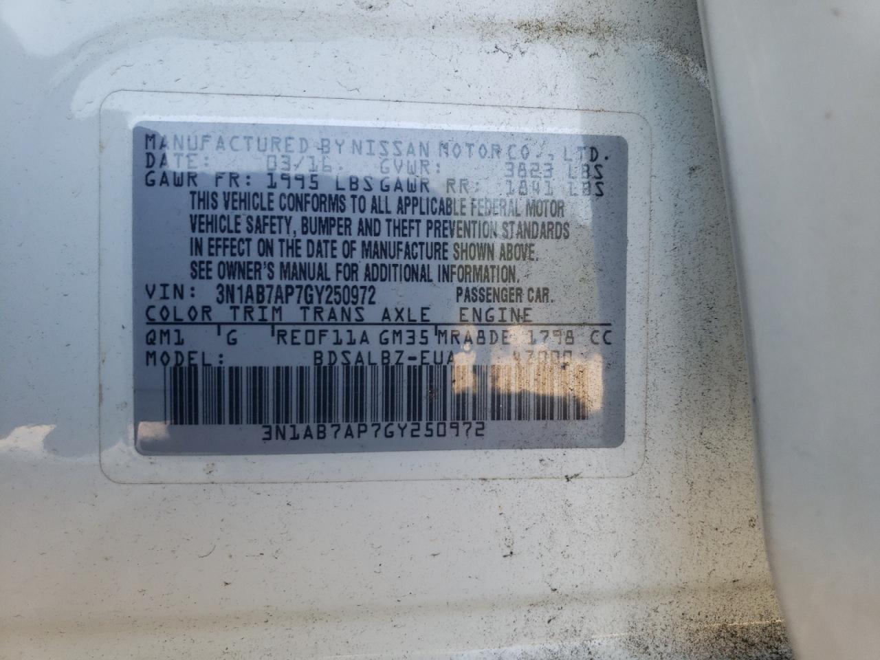 2016 Nissan Sentra S VIN: 3N1AB7AP7GY250972 Lot: 63783135