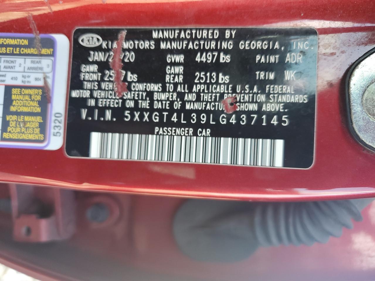 2020 Kia Optima Lx VIN: 5XXGT4L39LG437145 Lot: 65210305
