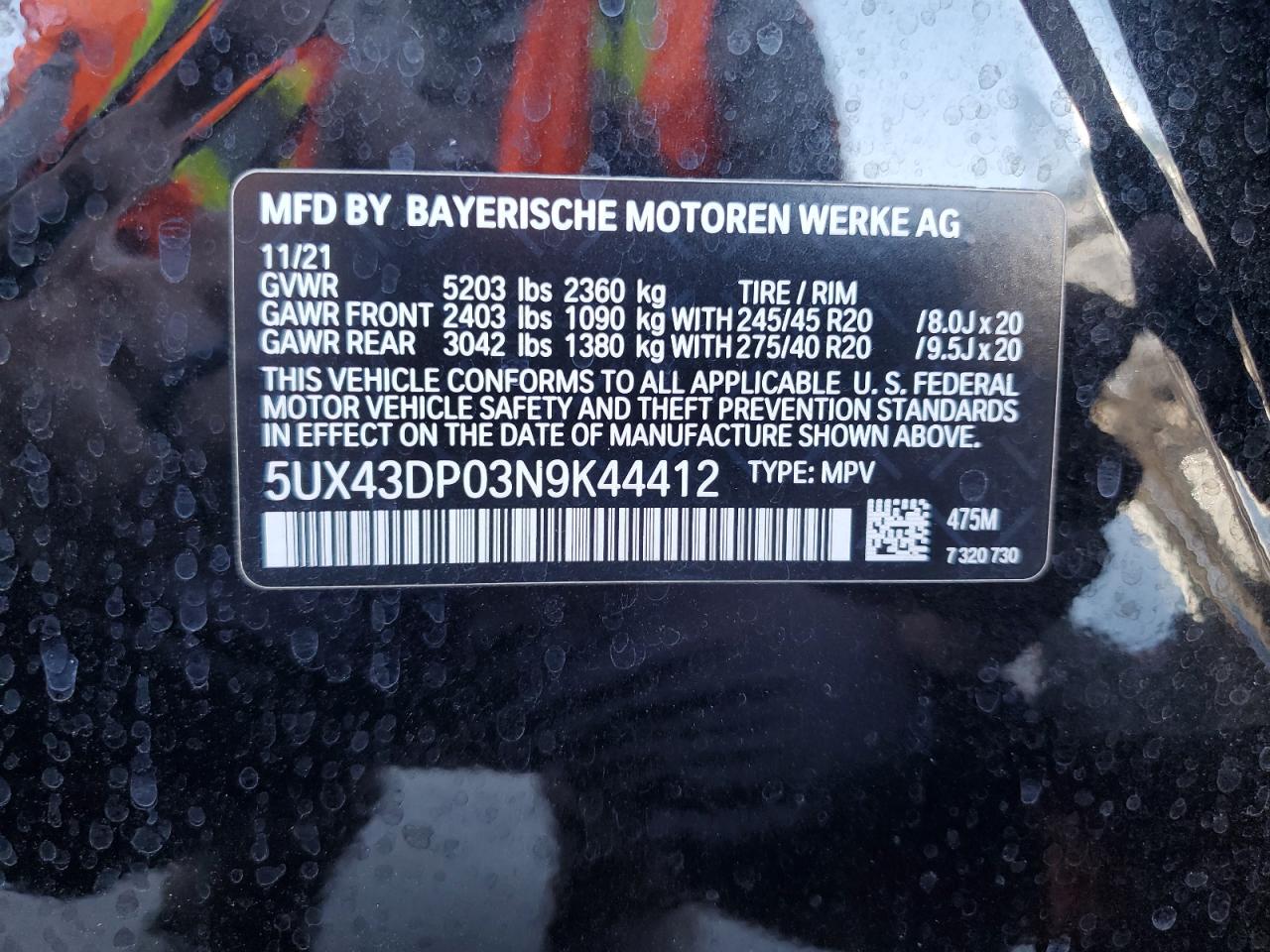 2022 BMW X3 Sdrive30I VIN: 5UX43DP03N9K44412 Lot: 63348435