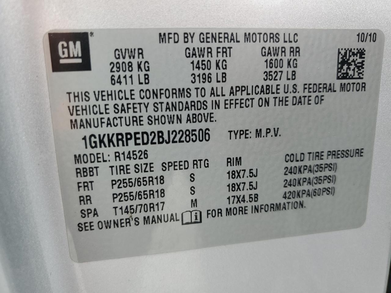 2011 GMC Acadia Sle VIN: 1GKKRPED2BJ228506 Lot: 63923975