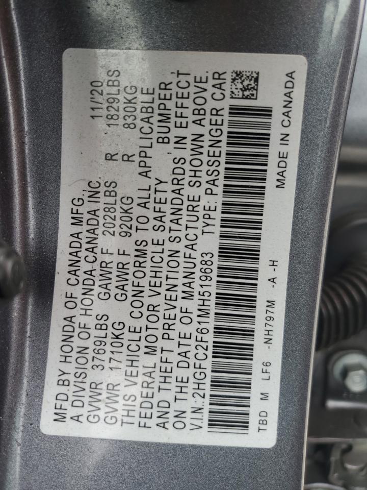 2021 Honda Civic Lx VIN: 2HGFC2F61MH519683 Lot: 65082075