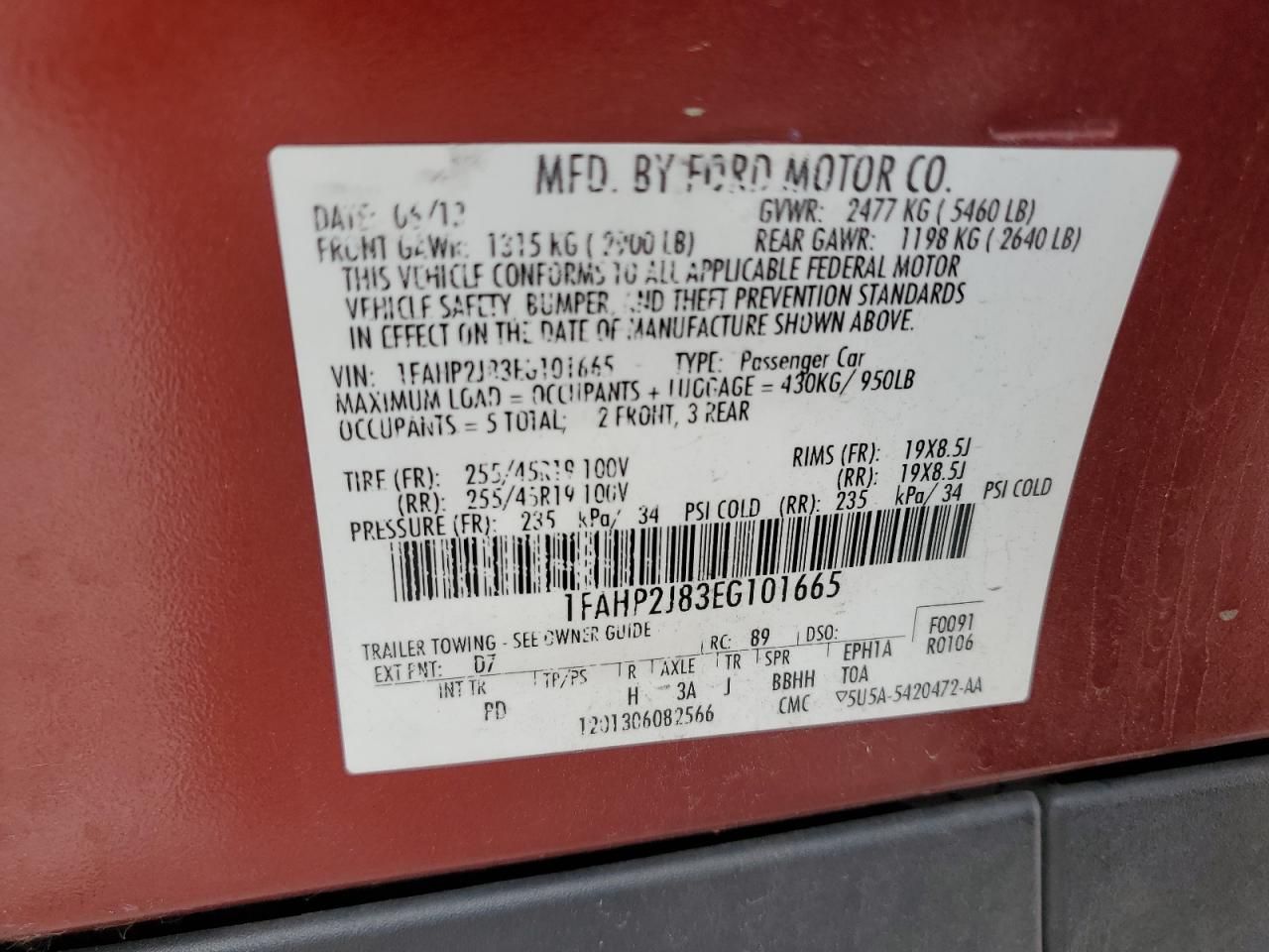 2014 Ford Taurus Limited VIN: 1FAHP2J83EG101665 Lot: 64824345