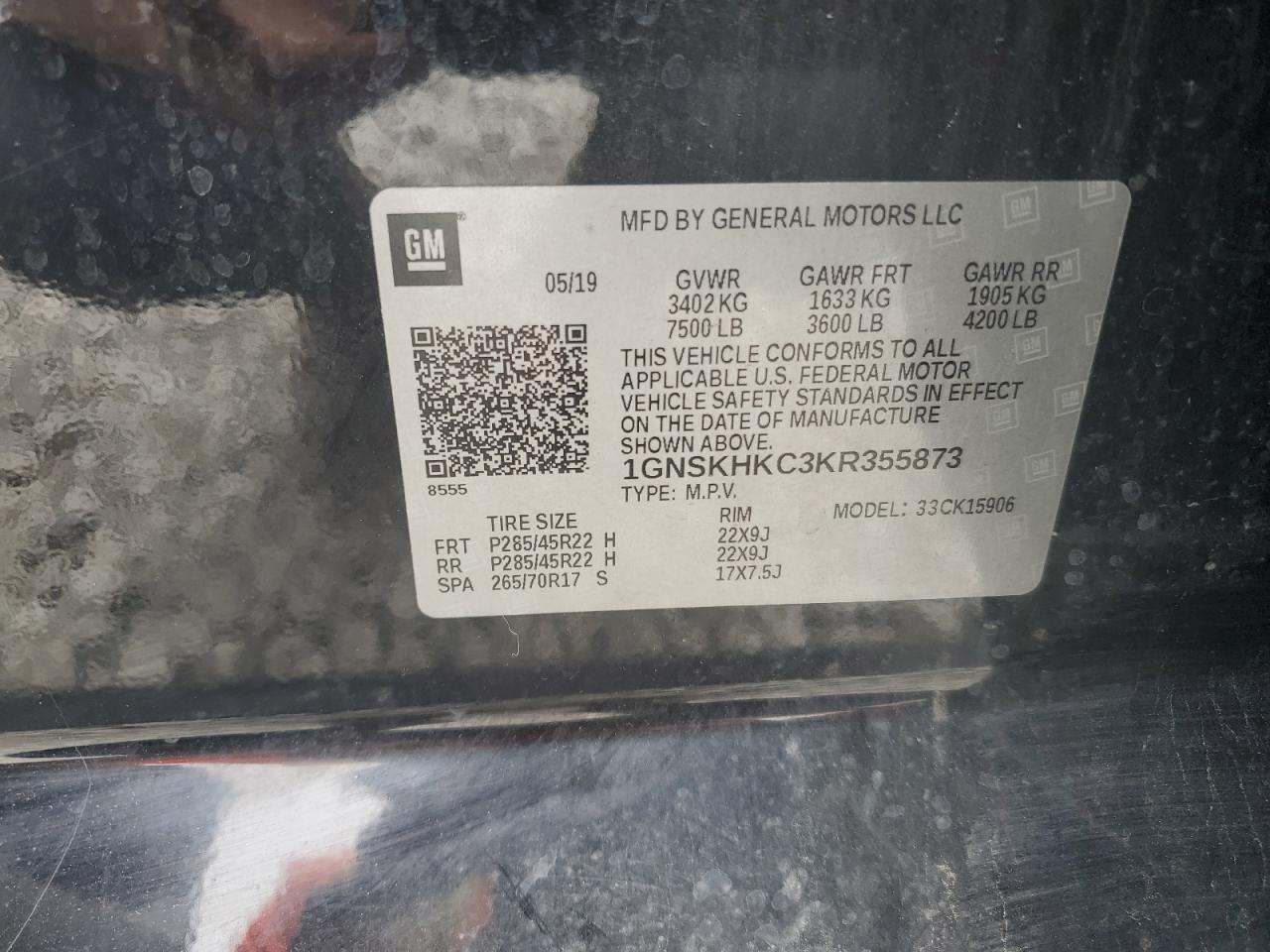 1gnskhkc3kr355873 1GNSKHKC3KR355873 2019 Chevrolet Suburban K1500 Lt