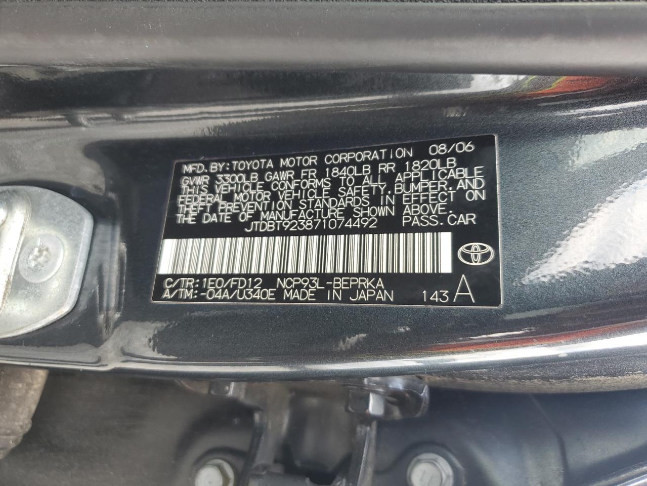 2007 Toyota Yaris VIN: JTDBT923871074492 Lot: 63532945