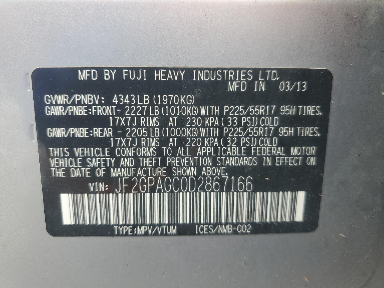 2013 Subaru Xv Crosstrek 2.0 Limited VIN: JF2GPAGC0D2867166 Lot: 65631695