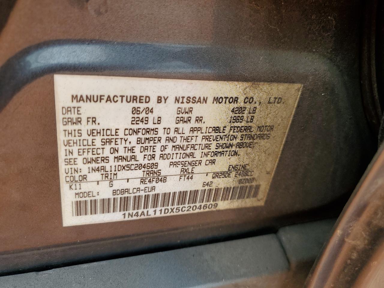 2005 Nissan Altima S VIN: 1N4AL11DX5C204609 Lot: 64181685