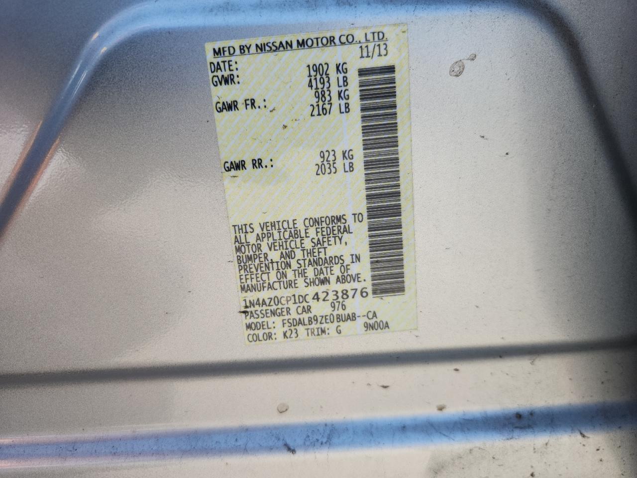 2013 Nissan Leaf S VIN: 1N4AZ0CP1DC423876 Lot: 63877765
