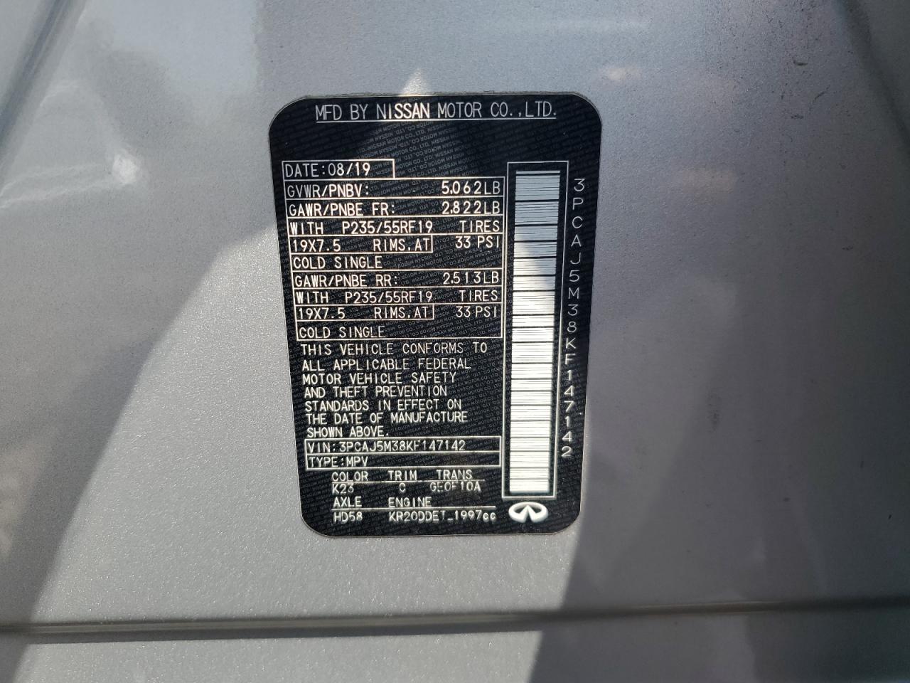 2019 Infiniti Qx50 Essential VIN: 3PCAJ5M38KF147142 Lot: 61224745