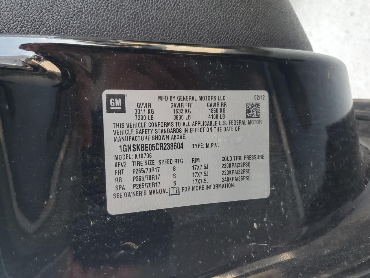 2012 Chevrolet Tahoe K1500 Lt VIN: 1GNSKBE05CR238604 Lot: 64236435