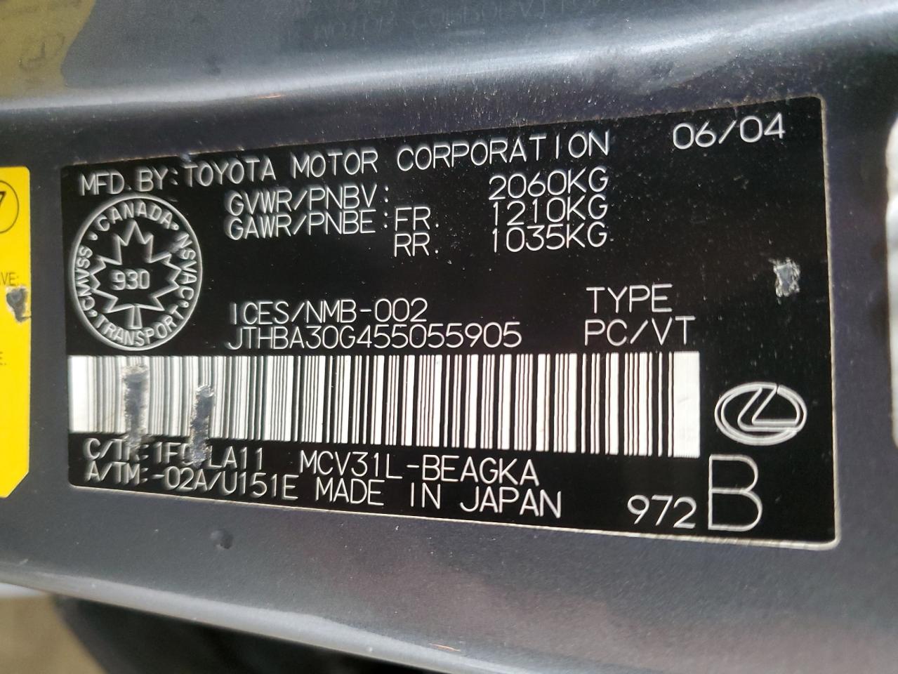 2005 Lexus Es 330 VIN: JTHBA30G455055905 Lot: 65884075