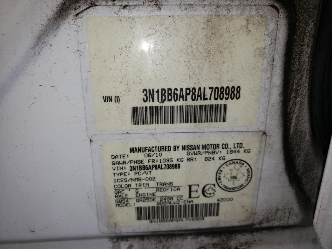 2010 Nissan Sentra Se-R VIN: 3N1BB6AP8AL708988 Lot: 64094615