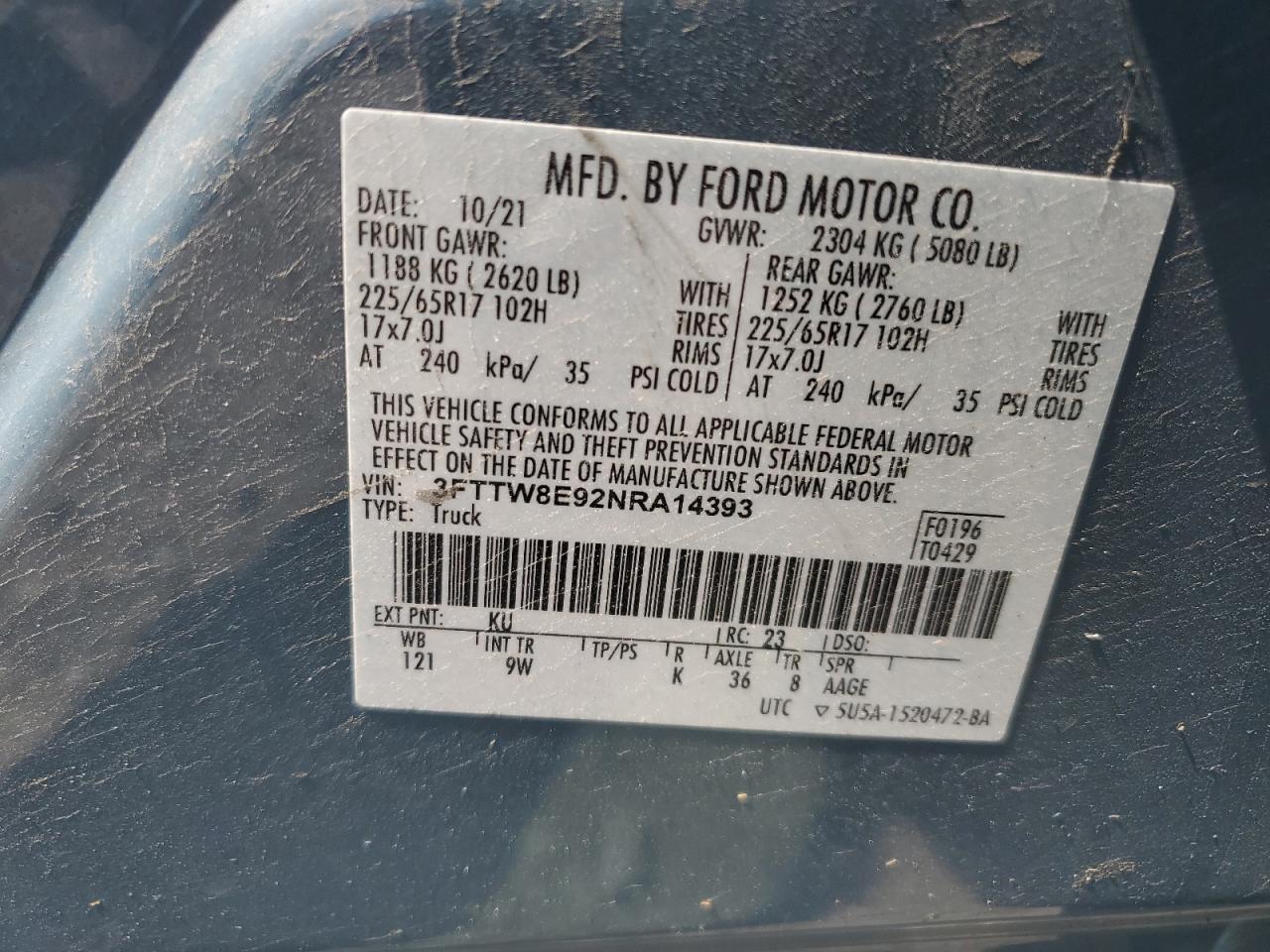 2022 Ford Maverick Xl VIN: 3FTTW8E92NRA14393 Lot: 64193915
