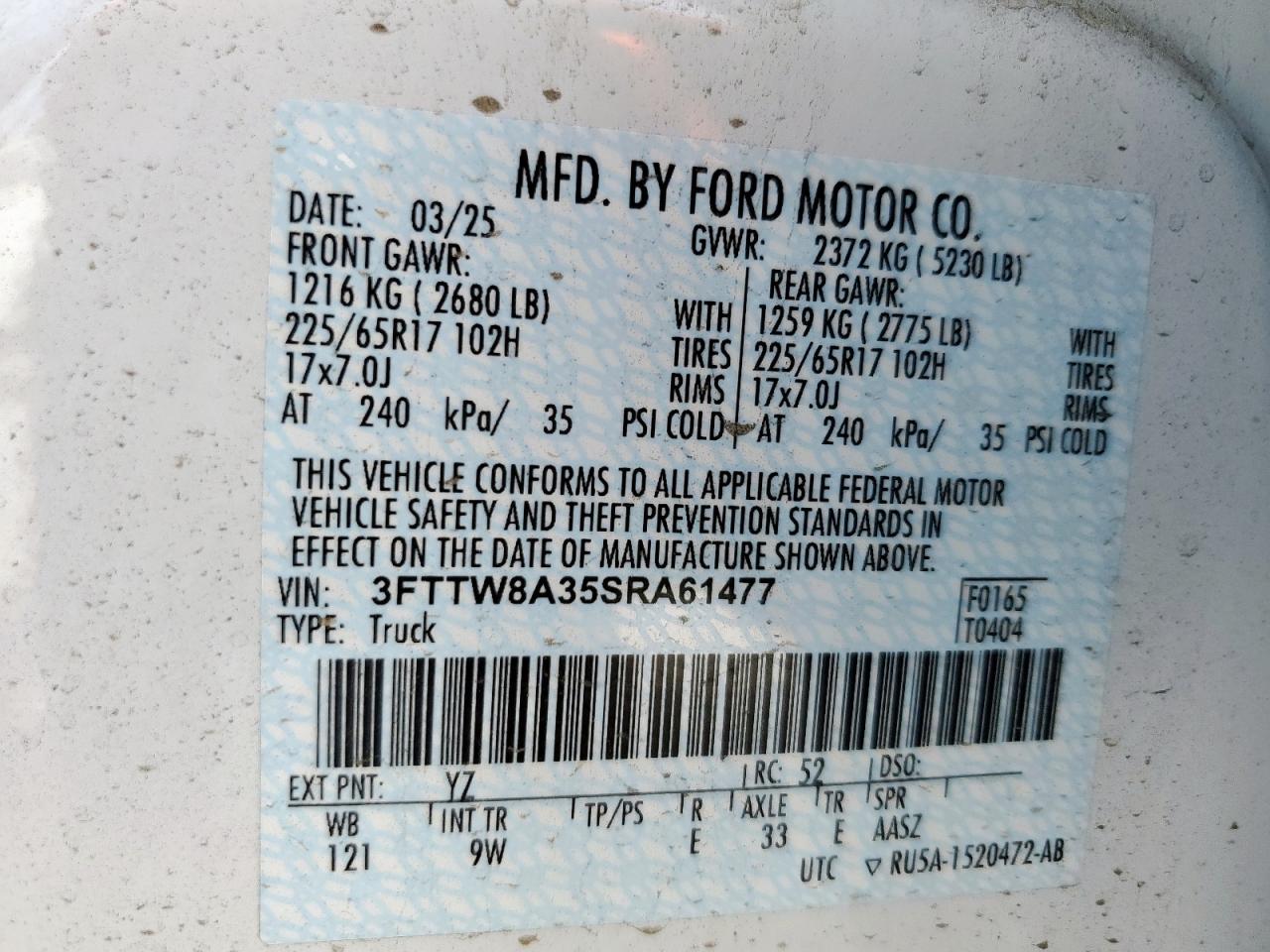 2025 Ford Maverick Xl VIN: 3FTTW8A35SRA61477 Lot: 63443405