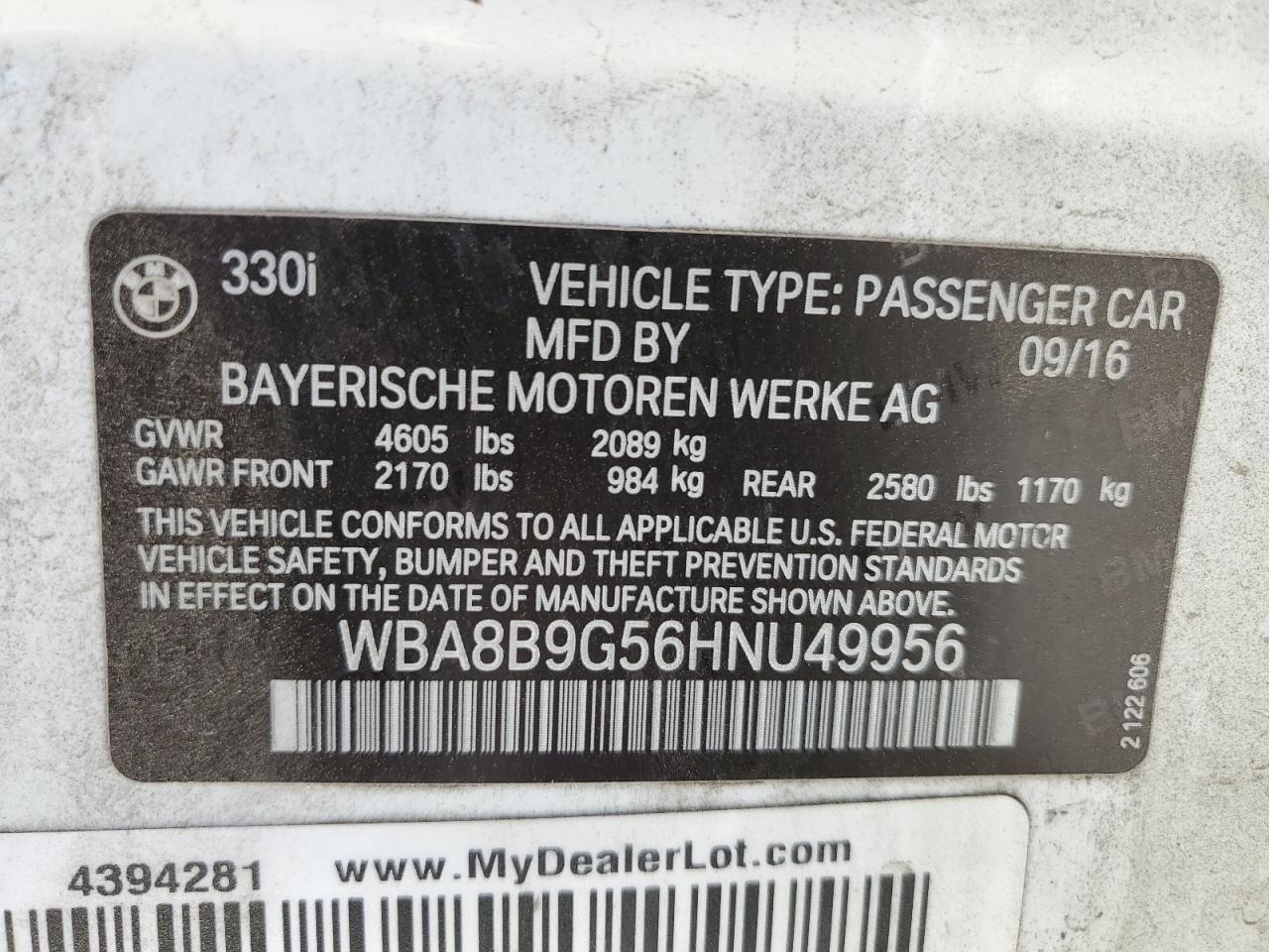 2017 BMW 330 I VIN: WBA8B9G56HNU49956 Lot: 64117165