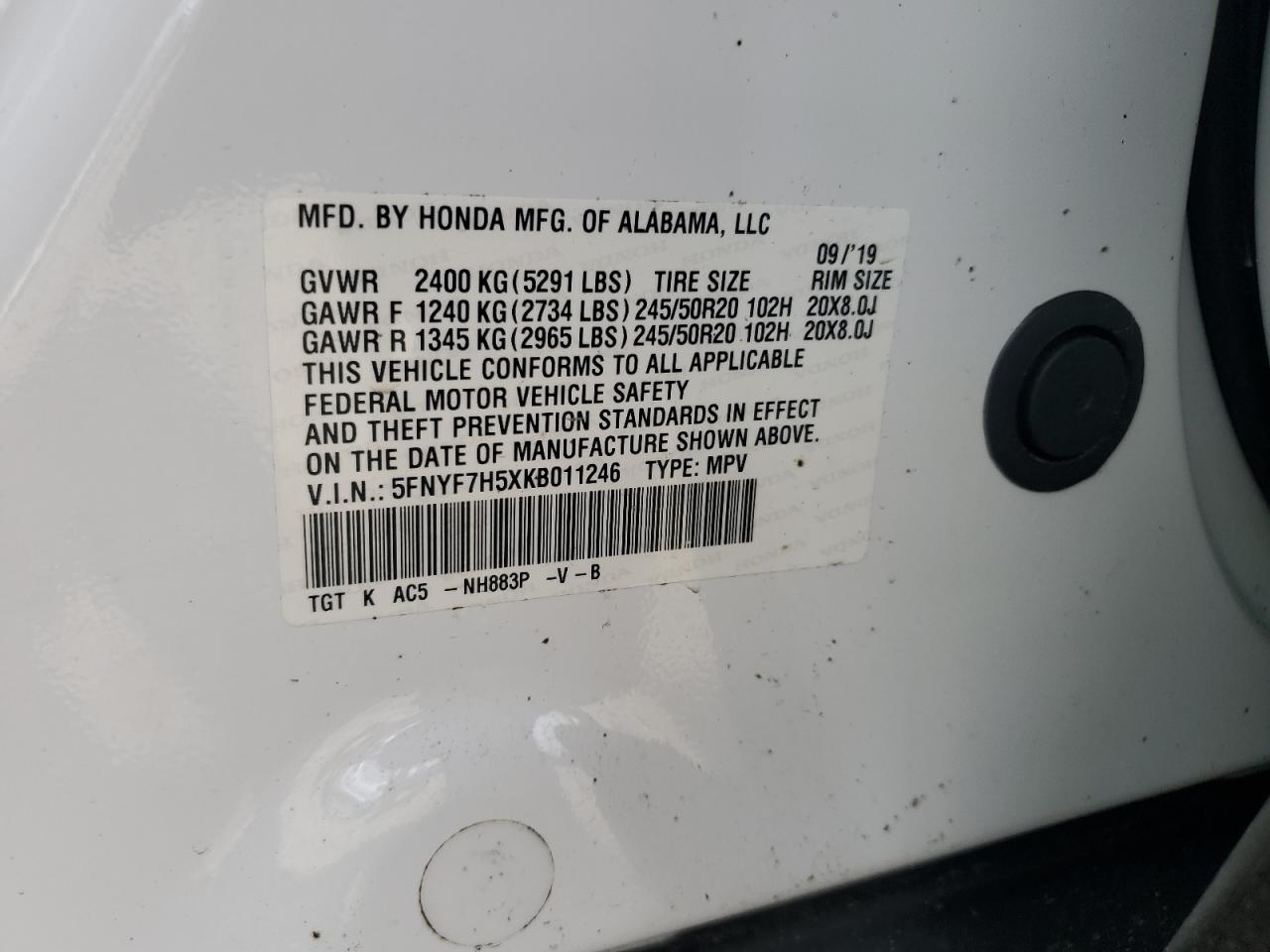 2019 Honda Passport Exl VIN: 5FNYF7H5XKB011246 Lot: 64732245