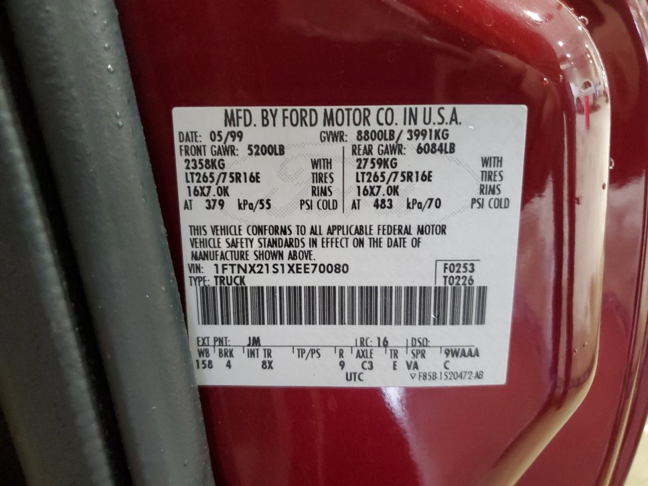 1999 Ford F250 Super Duty VIN: 1FTNX21S1XEE70080 Lot: 64430235
