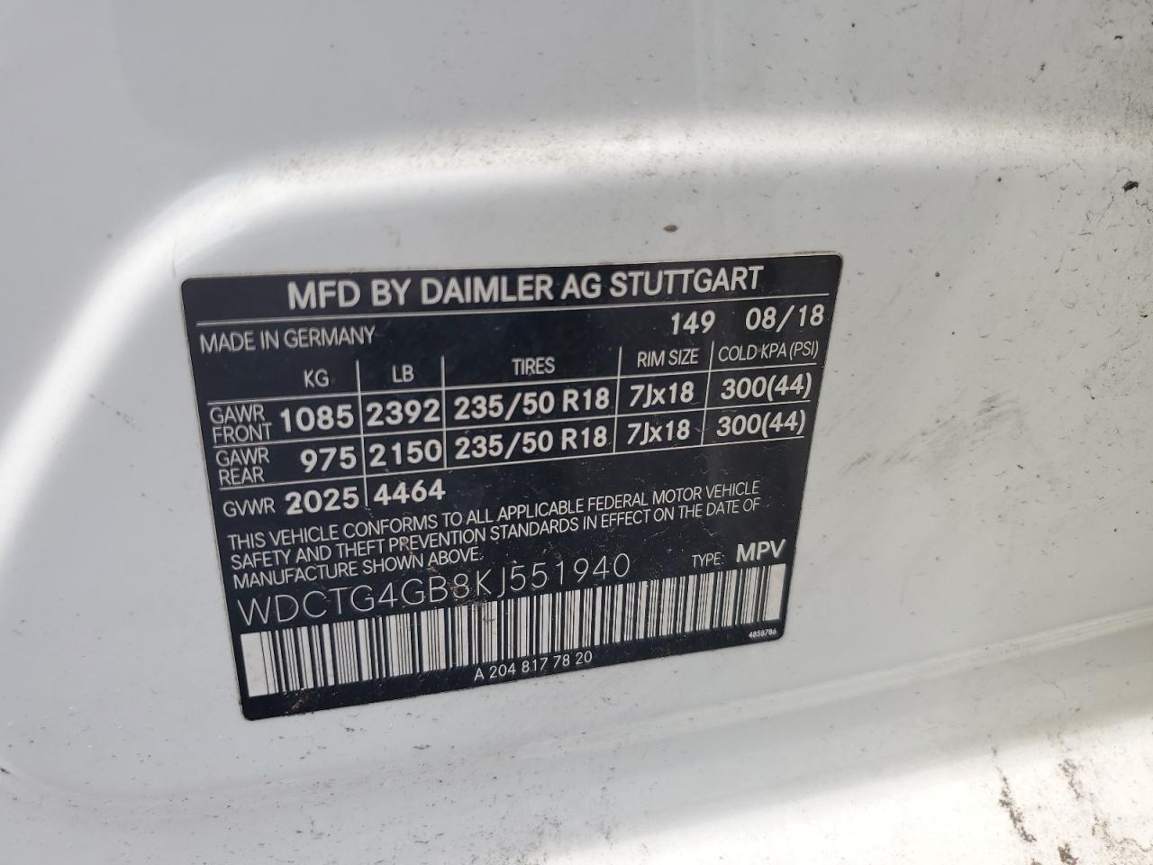 2019 Mercedes-Benz Gla 250 4Matic VIN: WDCTG4GB8KJ551940 Lot: 63585755
