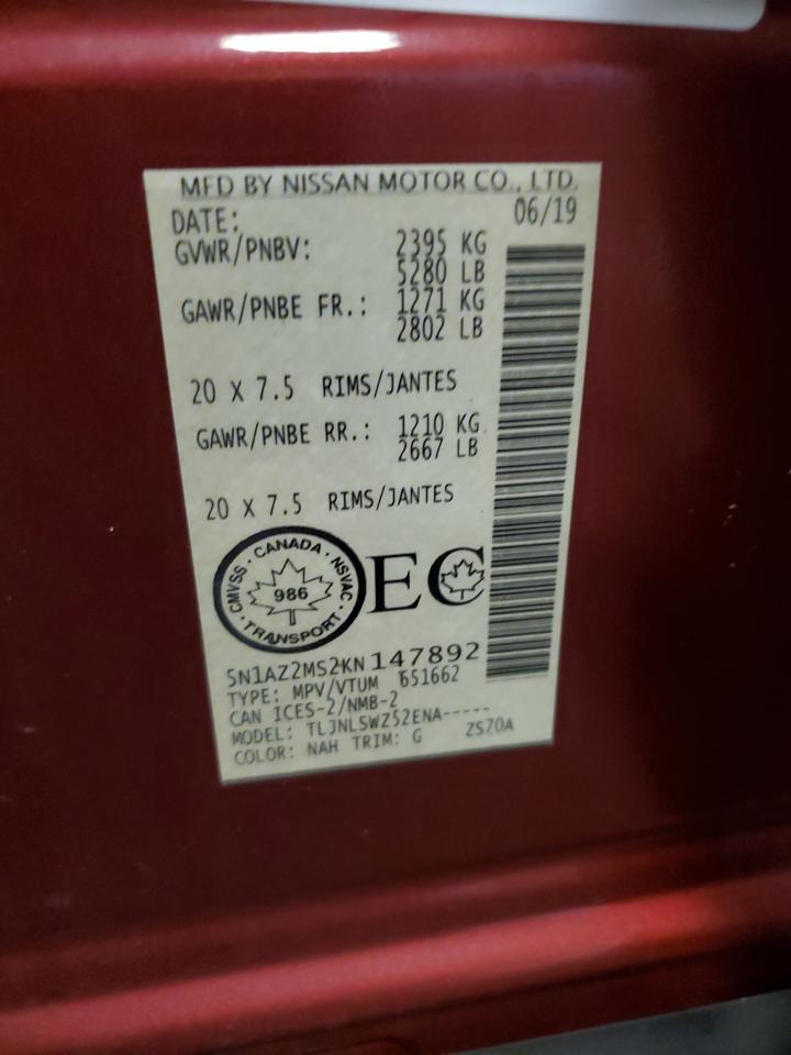 2019 Nissan Murano S VIN: 5N1AZ2MS2KN147892 Lot: 66905175