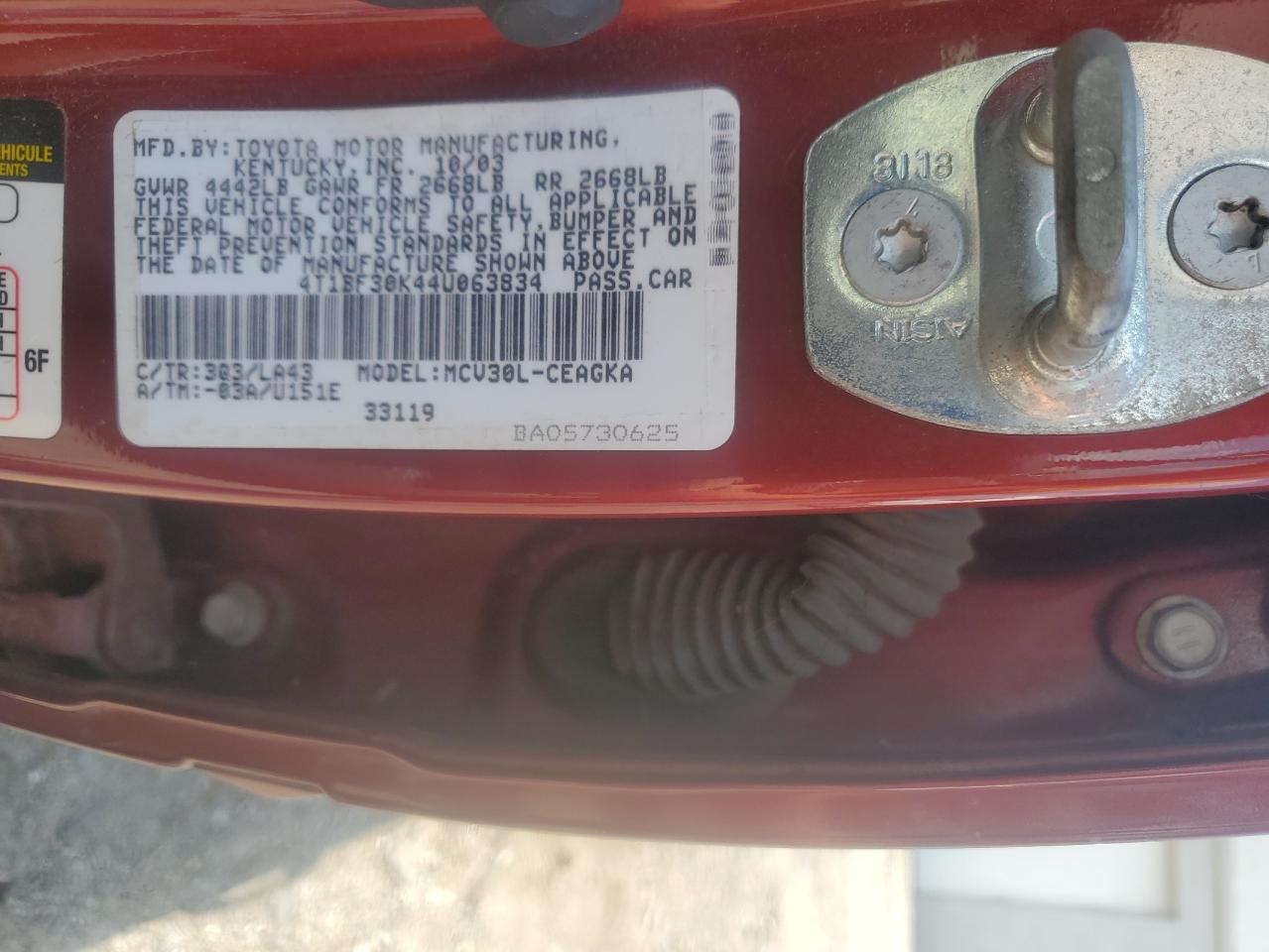 2004 Toyota Camry Le VIN: 4T1BF30K44U063834 Lot: 63503005