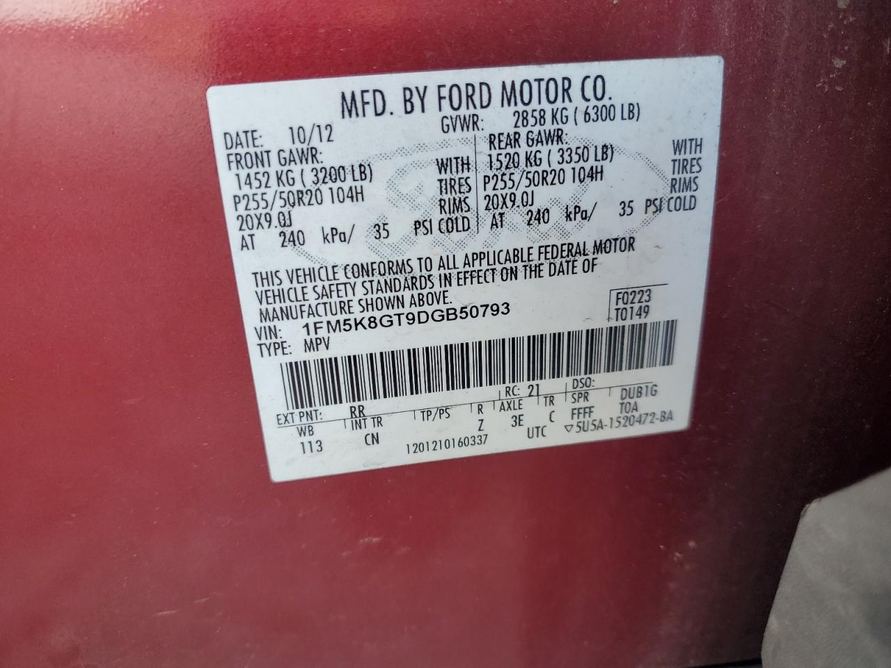 2013 Ford Explorer Sport VIN: 1FM5K8GT9DGB50793 Lot: 64543765
