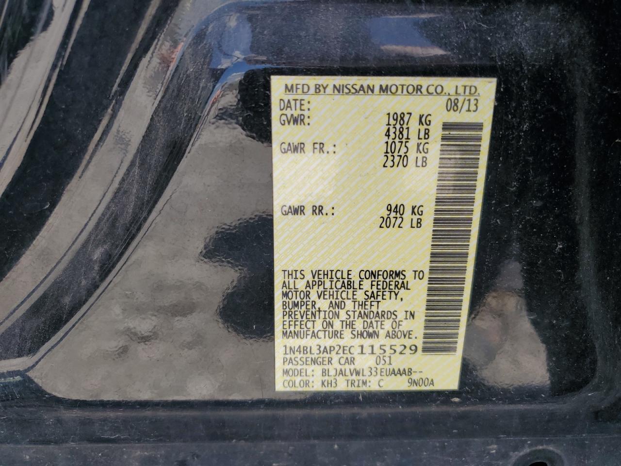2014 Nissan Altima 3.5S VIN: 1N4BL3AP2EC115529 Lot: 62876475