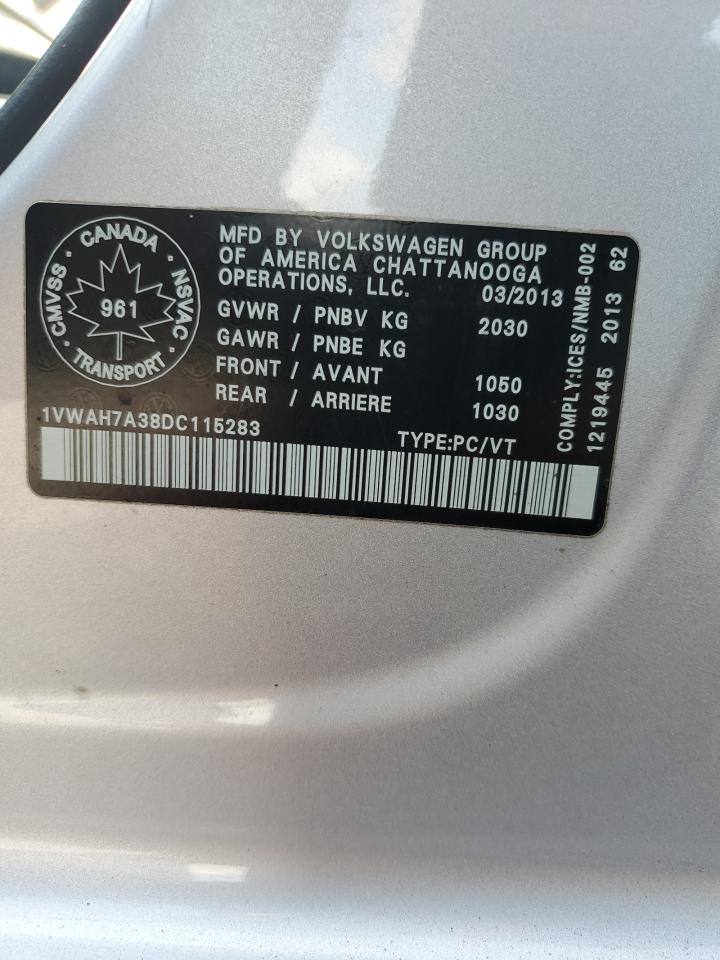 2013 Volkswagen Passat S VIN: 1VWAH7A38DC115283 Lot: 63634075
