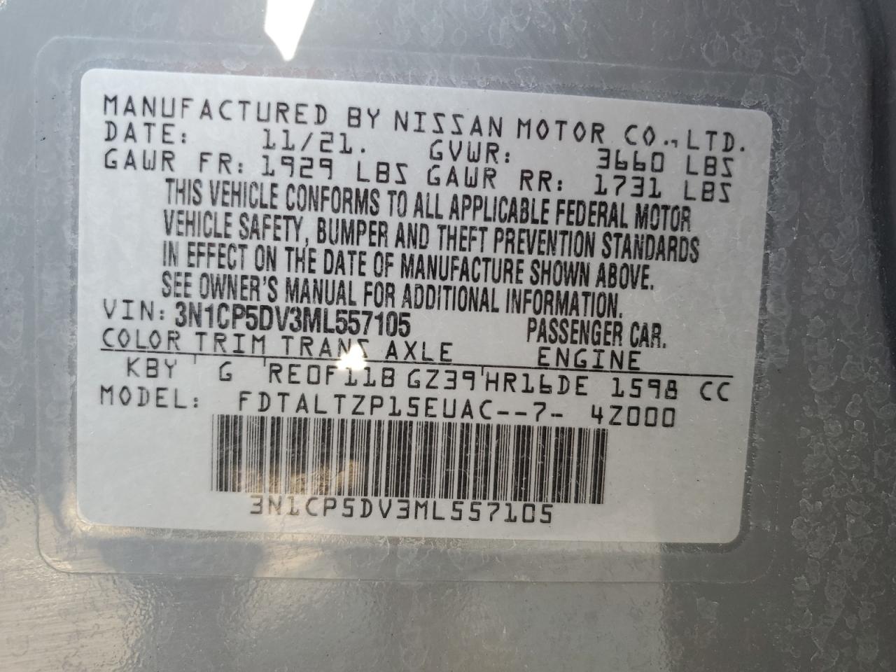 2021 Nissan Kicks Sr VIN: 3N1CP5DV3ML557105 Lot: 63265845