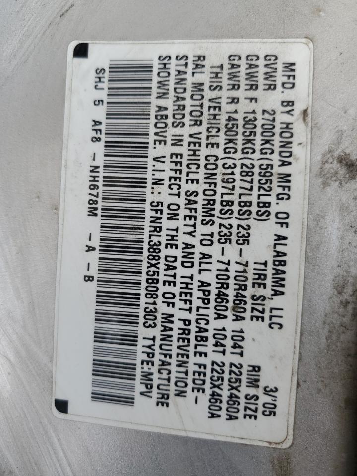 2005 Honda Odyssey Touring VIN: 5FNRL388X5B081303 Lot: 64263325