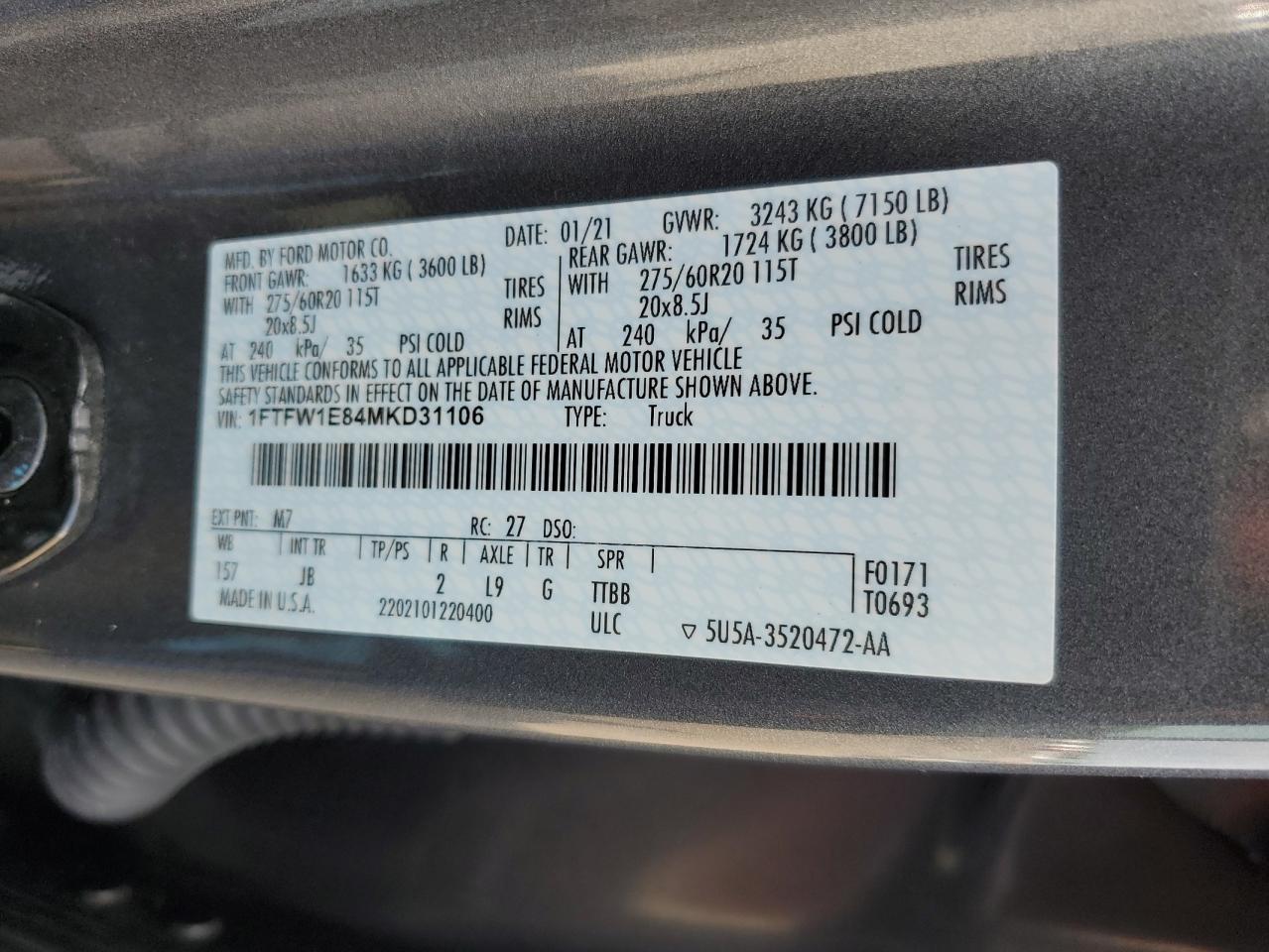 2021 Ford F150 Supercrew VIN: 1FTFW1E84MKD31106 Lot: 64256215