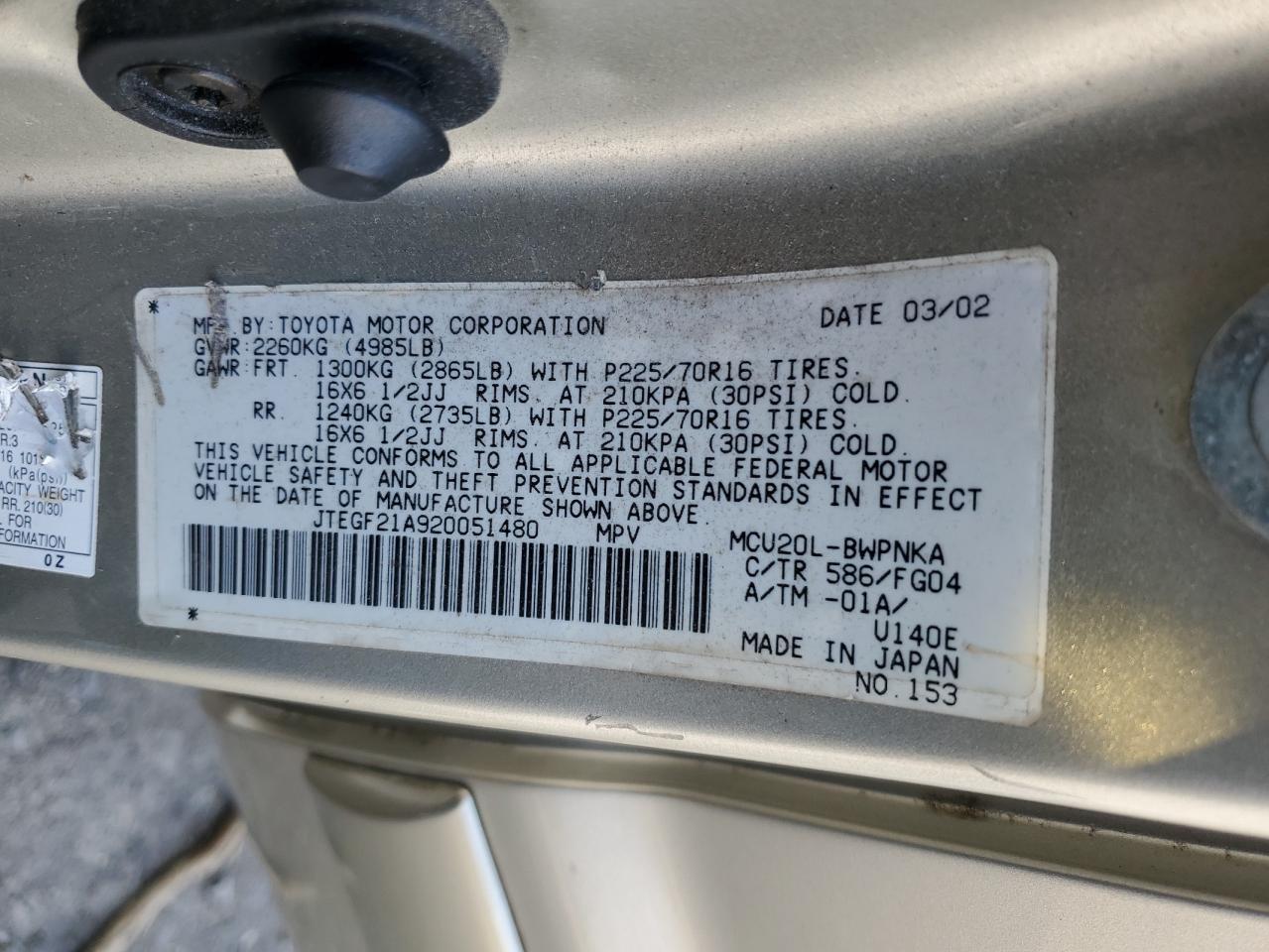 2002 Toyota Highlander Limited VIN: JTEGF21A920051480 Lot: 64475325