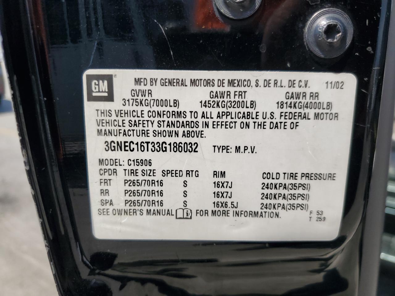 2003 Chevrolet Suburban C1500 VIN: 3GNEC16T33G186032 Lot: 65222445