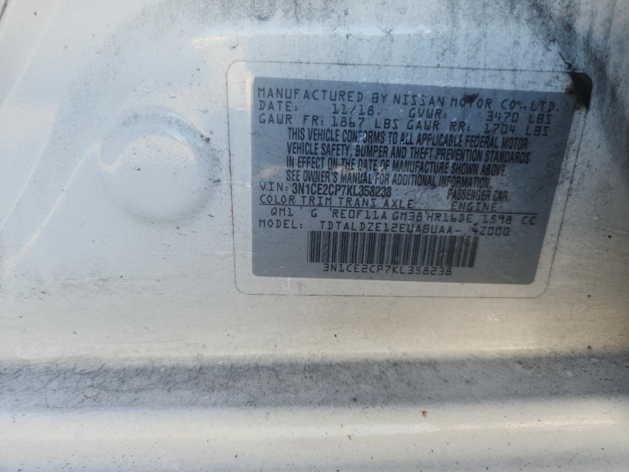 2019 Nissan Versa Note S VIN: 3N1CE2CP7KL358238 Lot: 65367265