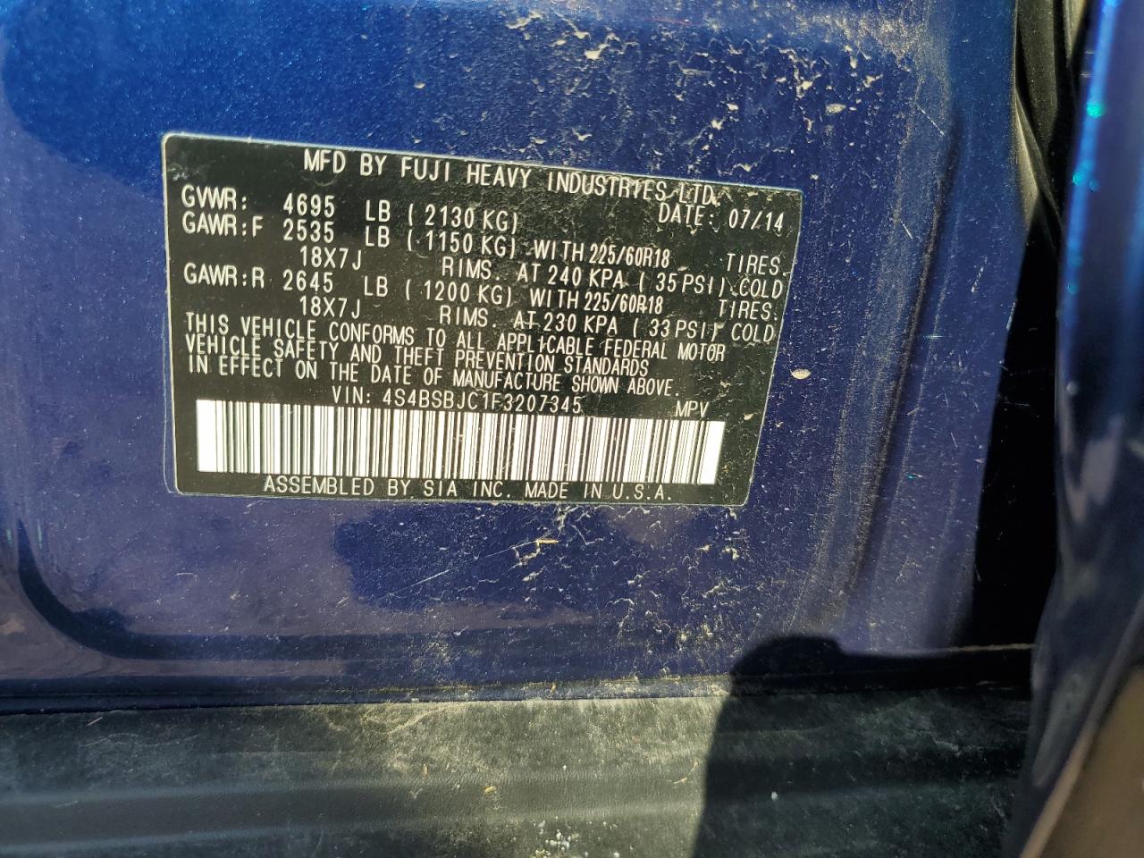 2015 Subaru Outback 2.5I Limited VIN: 4S4BSBJC1F3207345 Lot: 66165795