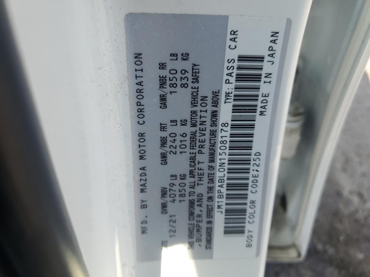 2022 Mazda 3 Select VIN: JM1BPABL0N1508178 Lot: 63181305