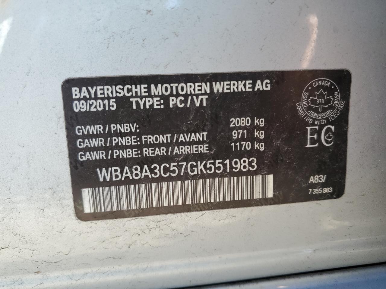 2016 BMW 320 Xi VIN: WBA8A3C57GK551983 Lot: 64447435