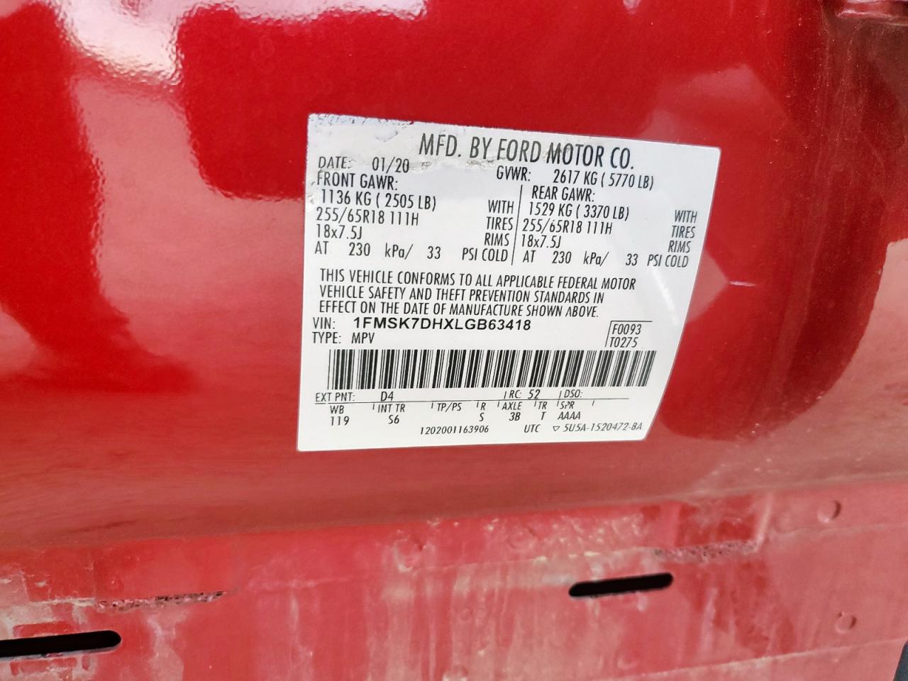 2020 Ford Explorer Xlt VIN: 1FMSK7DHXLGB63418 Lot: 65391475