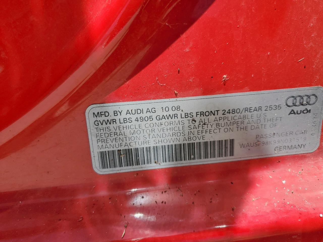 2009 Audi A4 Premium Plus VIN: WAUSF98K99N031519 Lot: 66529495