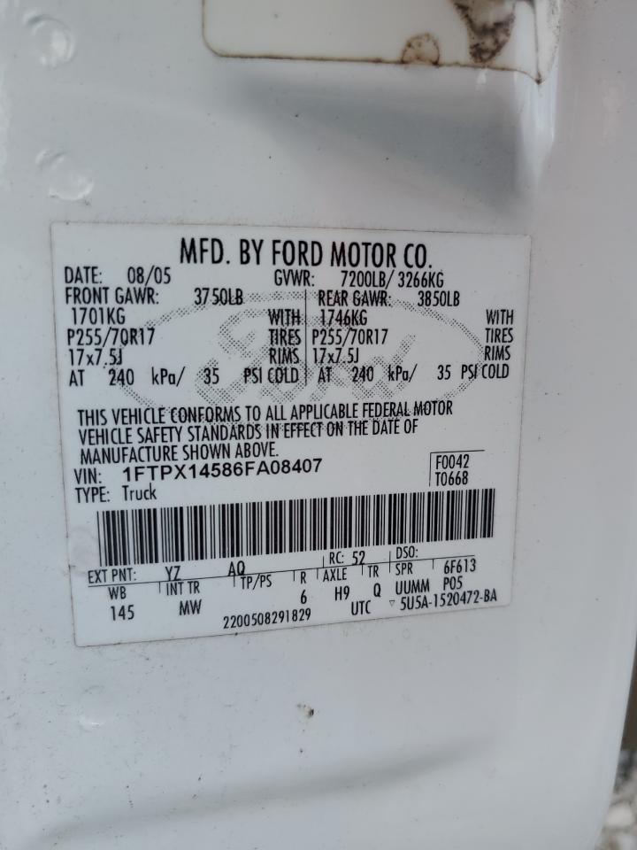 2006 Ford F150 VIN: 1FTPX14586FA08407 Lot: 63933895