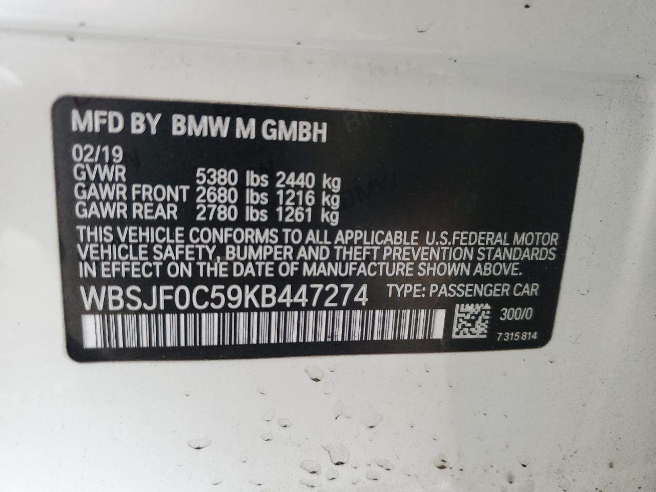 2019 BMW M5 VIN: WBSJF0C59KB447274 Lot: 63270235