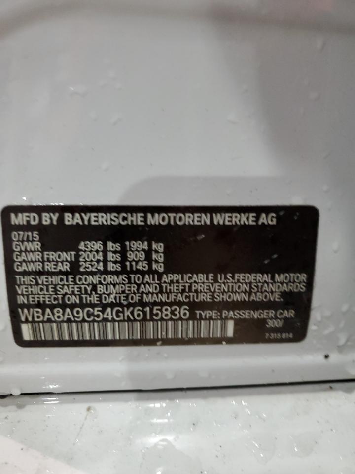 2016 BMW 320 I VIN: WBA8A9C54GK615836 Lot: 64771545