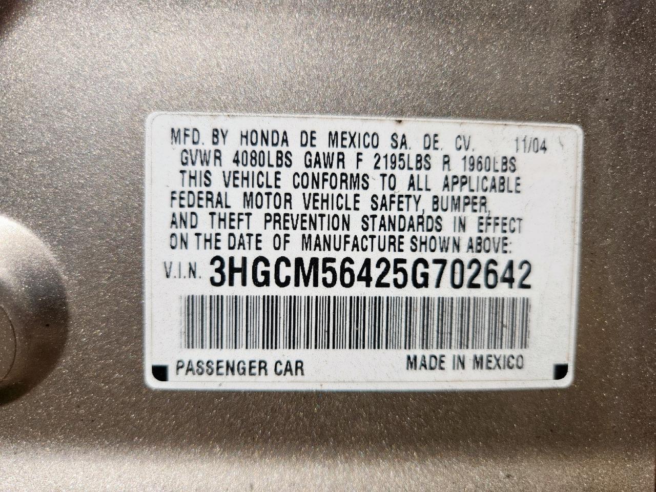 2005 Honda Accord Lx VIN: 3HGCM56425G702642 Lot: 64091765