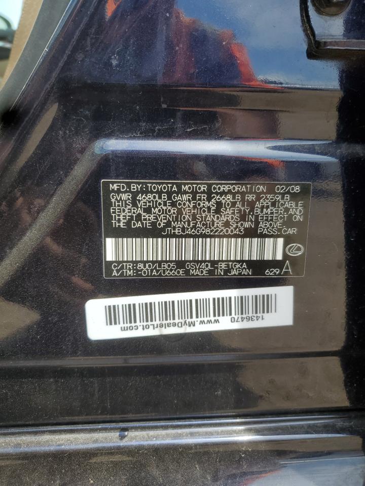2008 Lexus Es 350 VIN: JTHBJ46G982220043 Lot: 63244485