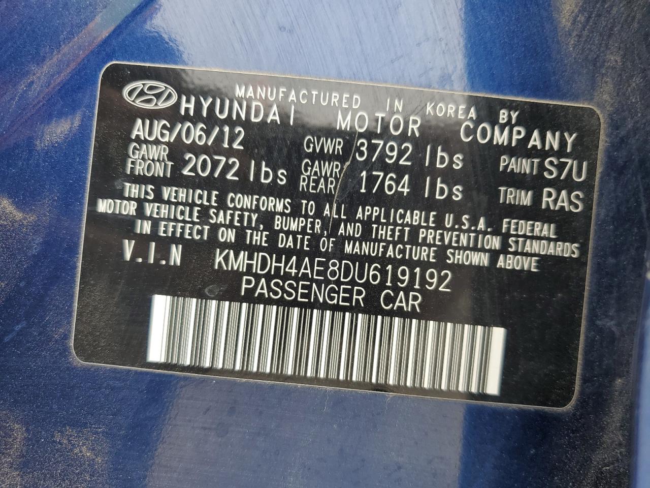 2013 Hyundai Elantra Gls VIN: KMHDH4AE8DU619192 Lot: 66652555